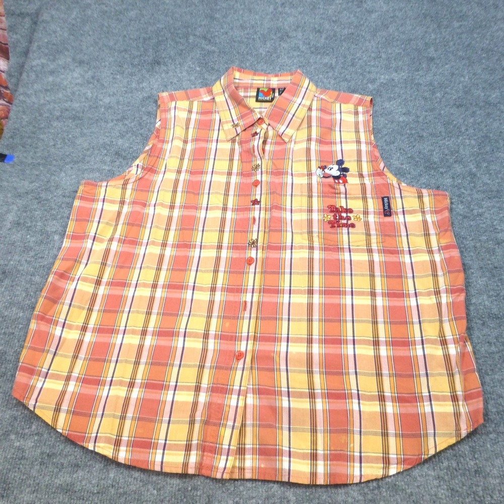 Mickey Unlimited Disney Plaid Sleeveless Button Down Shirt Orange XL AT0154
